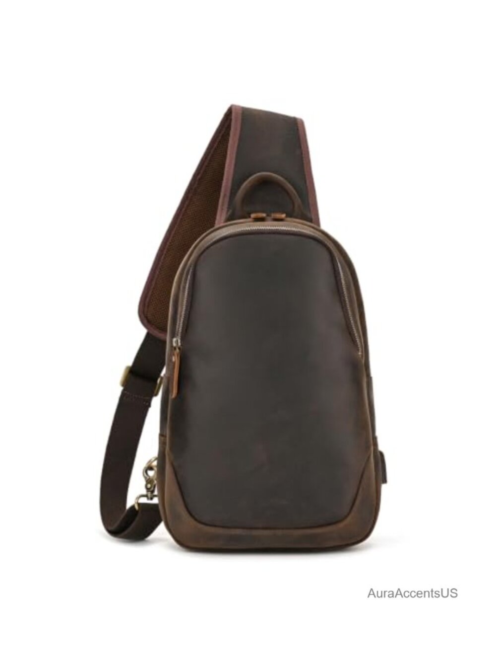 Genuine Leather Sling Chest Bag Crossbody Shoulder USB Port Travel